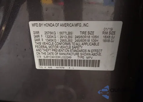 2019 Acura Mdx Standard z USA, uszkodzony, nr VIN 5J8YD4H33KL022249